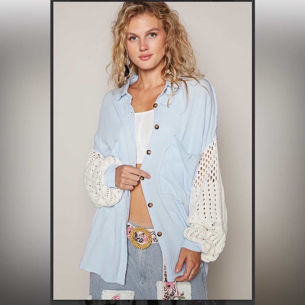 POL Light Blue Button-Down Shirt with Cream Crochet Sleeves S